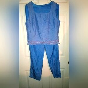 100% Silk DS Collections New York London Paris Floral Trimmed Trouser Set  SZ:8